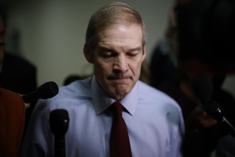 Rep. Jim Jordan talks to reporters as he heads from his office in the Rayburn House Office Building to the U.S. Capitol on Oct. 18, 2023. / Credit: Getty Images