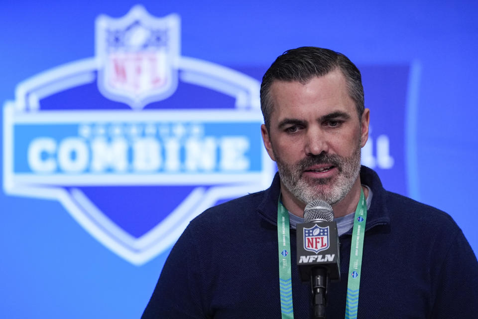 Cleveland Browns head coach Kevin Stefanski speaks during a press conference at the NFL football scouting combine in Indianapolis, Wednesday, Feb. 28, 2024. (AP Photo/Michael Conroy)