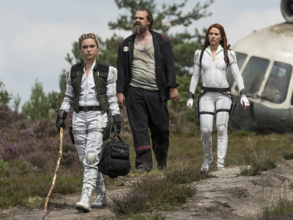 Florence Pugh, David Harbour, and Scarlett Johansson in ‘Black Widow' (Jay Maidment/Marvel Studios 2021)