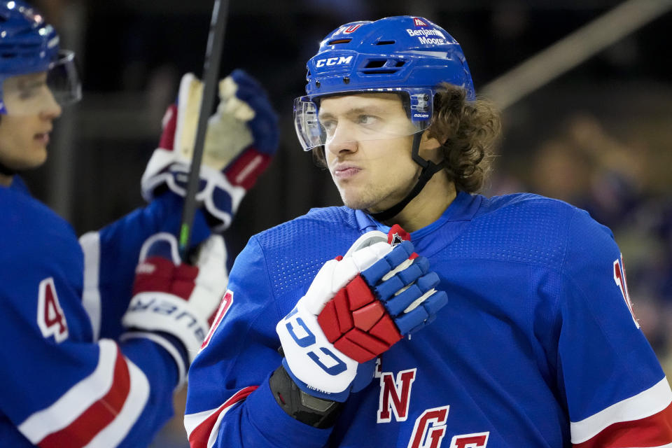 New York Rangers left wing Artemi Panarin (10) celebrates after scoring his second goal during the second period of an NHL hockey game against the Buffalo Sabres, Monday, April 10, 2023, in New York. (AP Photo/John Minchillo)