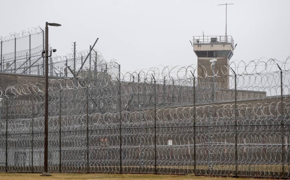 Barbed wire fences encircles Potosi Correctional Center on Wednesday, Jan. 18, 2023, in Mineral Point, Mo. The prison houses men on death row in Missouri.