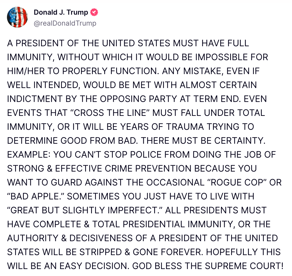 A screenshot of Donald Trump's Jan. 18, 2024, post on Truth Social calling for full presidential immunity.