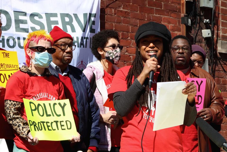 Louisville Tenants Union organizer Jessica Bellamy speaks at a press conference on a proposed Historically Black Neighborhood Ordinance.