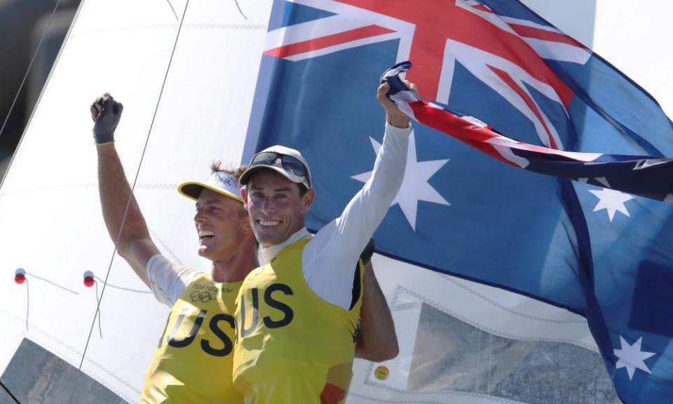 Mathew Belcher (right) and Will Ryan celebrate after winning.