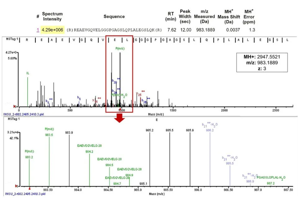 Péptido de insulina identificado mediante análisis de espectrometría de masas en leche de vaca transgénica | Wheeler M., Monzani, Paulo S., et al. Biotechnology Journal (2024)