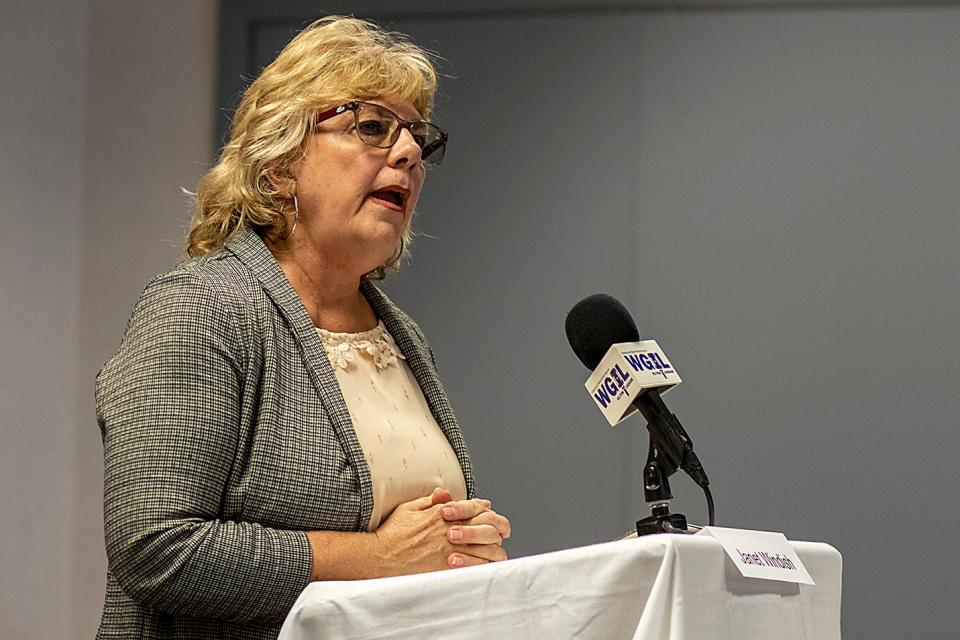 Republican Knox County Treasurer candidate Janet Windish speaks during the Galesburg NAACP candidates forum on Tuesday, Oct. 11, 2022 at the Galesburg Public Library.