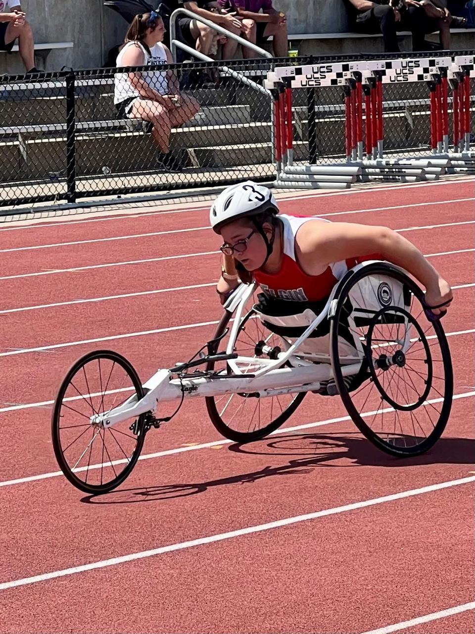 Elgin freshman competes in the girls seated 400-meter prelims during Friday's state competition at Ohio State's Jesse Owens Memorial Stadium.