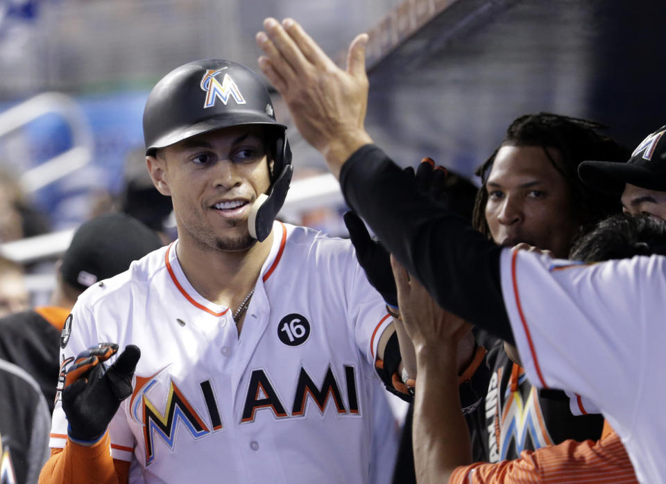 Could Giancarlo Stanton be headed to Los Angeles? (AP Photo)