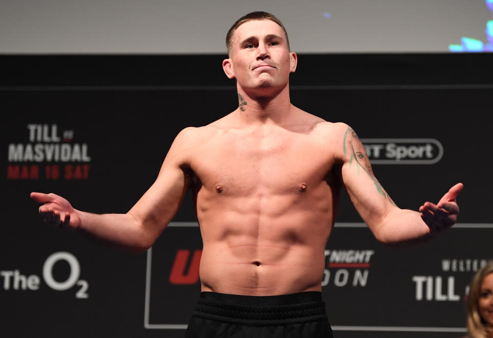 LONDON, ENGLAND - MARCH 15:  Darren Till of United Kingdom poses on the scale during the UFC Fight Night weigh-in at The O2 on March 15, 2019 in London, England. (Photo by Jeff Bottari/Zuffa LLC/Zuffa LLC via Getty Images)