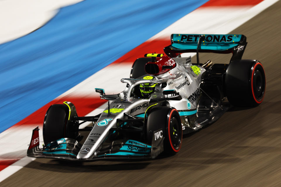 Lewis Hamilton (pictured) driving the (44) Mercedes AMG Petronas F1 Team W13 on track during qualifying ahead of the F1 Grand Prix of Bahrain.