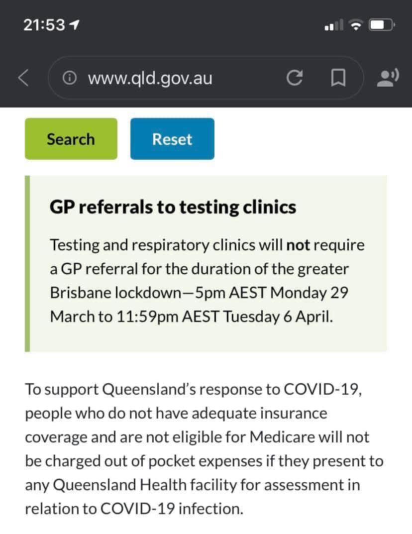 A screenshot from the QLD Health website