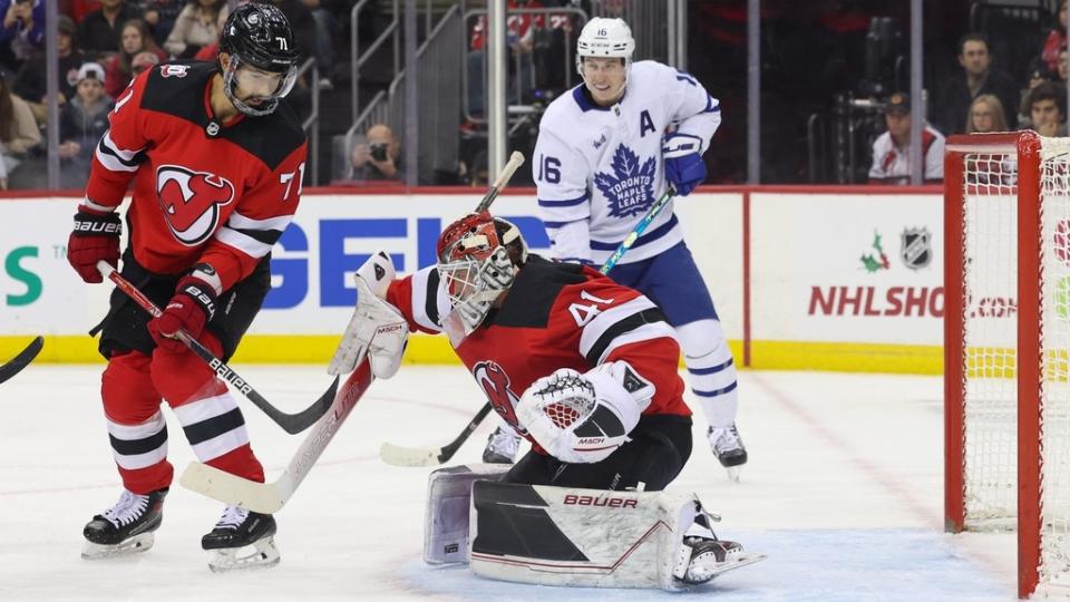 New Jersey Devils goaltender Vitek Vanecek makes a save against the Toronto Maple Leafs