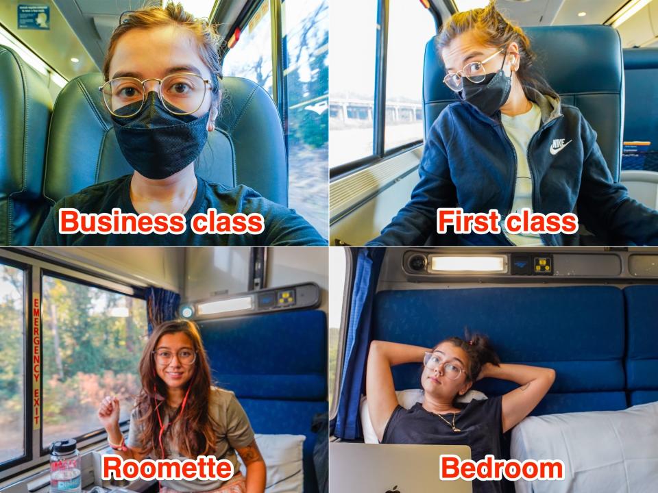 The author sits in four different Amtrak accommodations (top left to bottom right): business, first, roomette, and bedroom