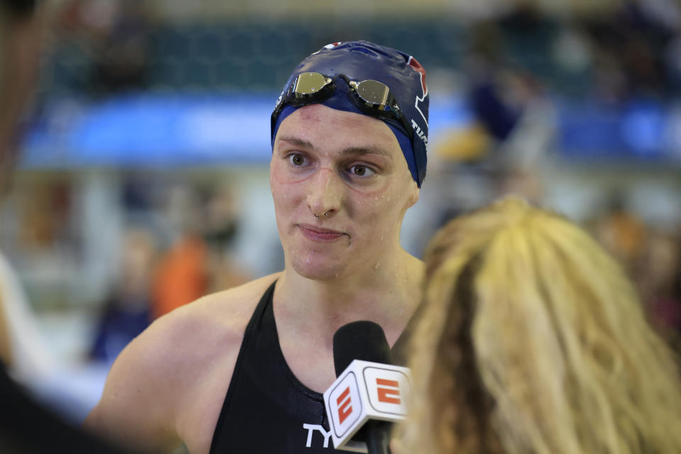 Seen here, Transgender swimmer Lia Thomas of the University of Pennsylvania talking to a reporter after winning the 500-yard freestyle at the NCAA Division I meet. 