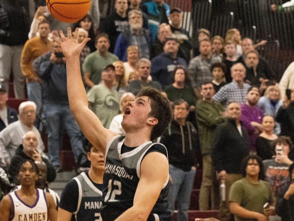 Mansquan’s Griffin Linstra appears to put in a game-winning shot at the buzzer that was later called off by the referees. Manasquan Boys Basketball lose to Camden in NJSIAA Group 2 Semifinals in Berkeley Township, NJ on March 5, 2024.