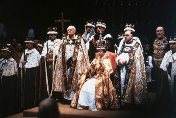 Queen Elizabeth II after her coronation ceremony in Westminster Abbey, London. (Photo by Hulton Archive/Getty Images)<p><a href="https://www.gettyimages.com/detail/2664394" rel="nofollow noopener" target="_blank" data-ylk="slk:Hulton Archive/Getty Images;elm:context_link;itc:0;sec:content-canvas" class="link ">Hulton Archive/Getty Images</a></p>