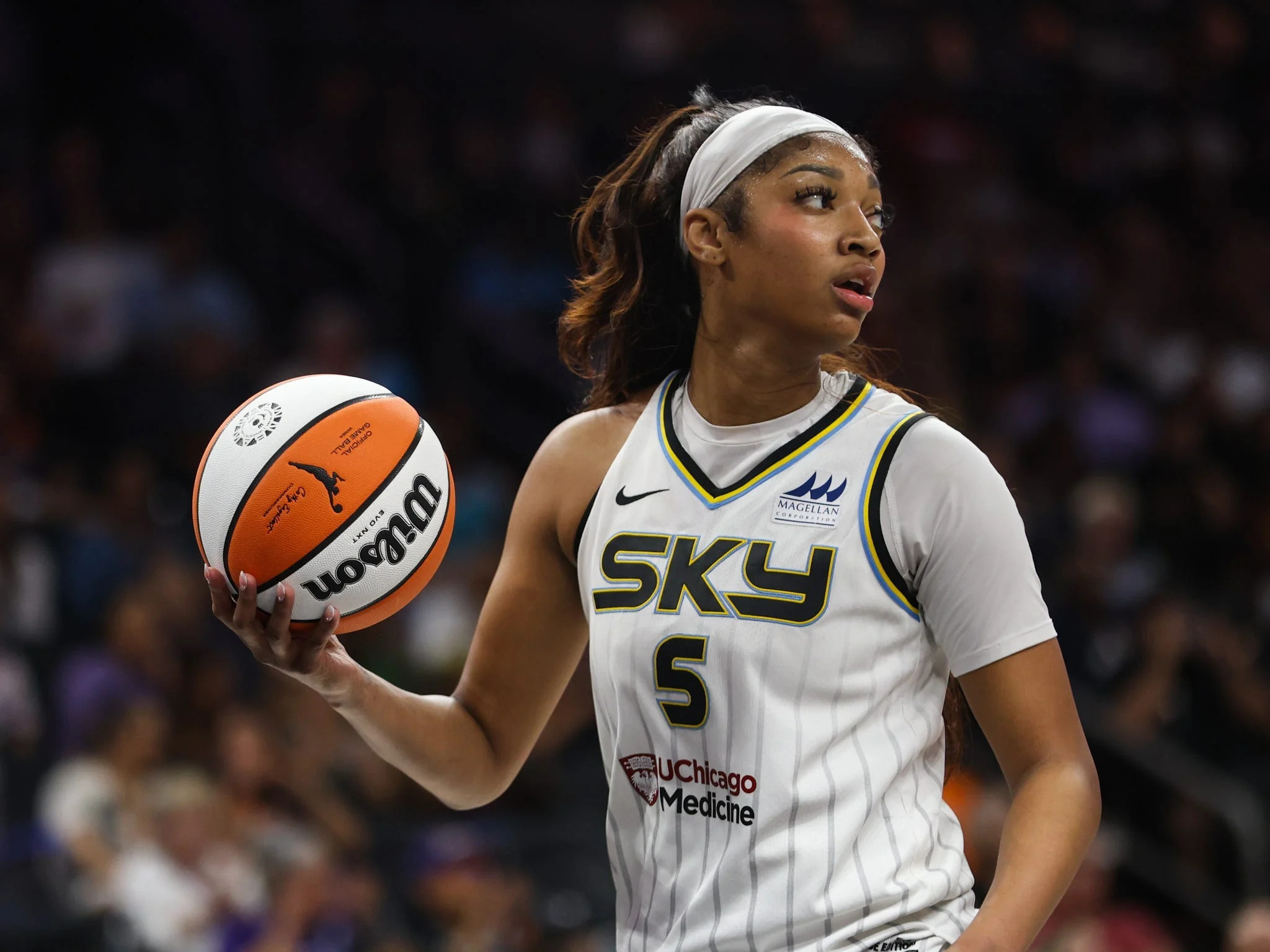 Chicago Sky forward Angel Reese (5) on Aug. 18, 2024 at Footprint Center in Phoenix. (Photo by Owen Ziliak/USA TODAY Network)