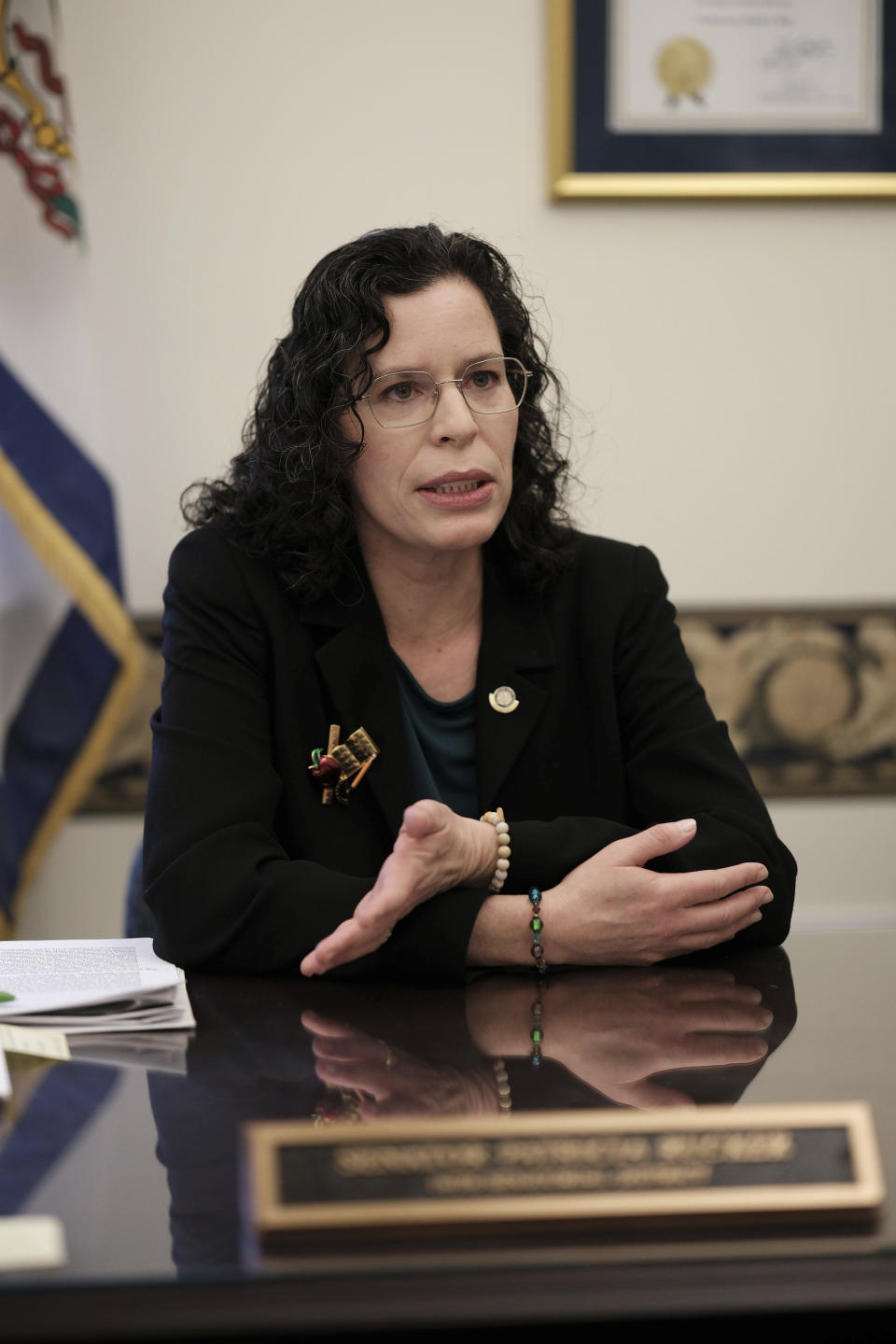 West Virginia state Sen. Patricia Rucker, R-Jefferson, talks in her office at the Capitol in Charleston, W.Va., on Wednesday, Jan. 25, 2024. West Virginia has the least amount of female state legislators.(AP Photo/Chris Jackson)