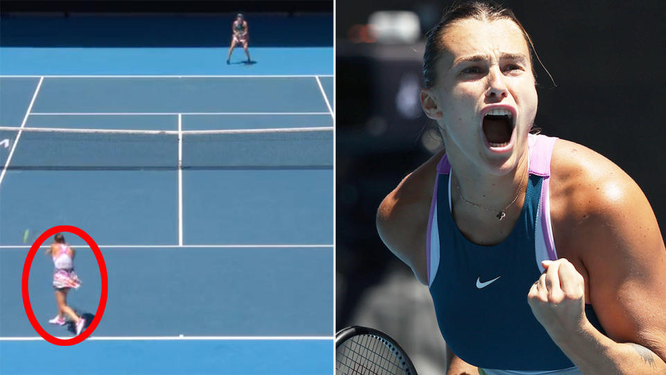 Pictured left, Aryna Sabalenka blasts a massive backhand winner in her Australian Open victory on Monday. 