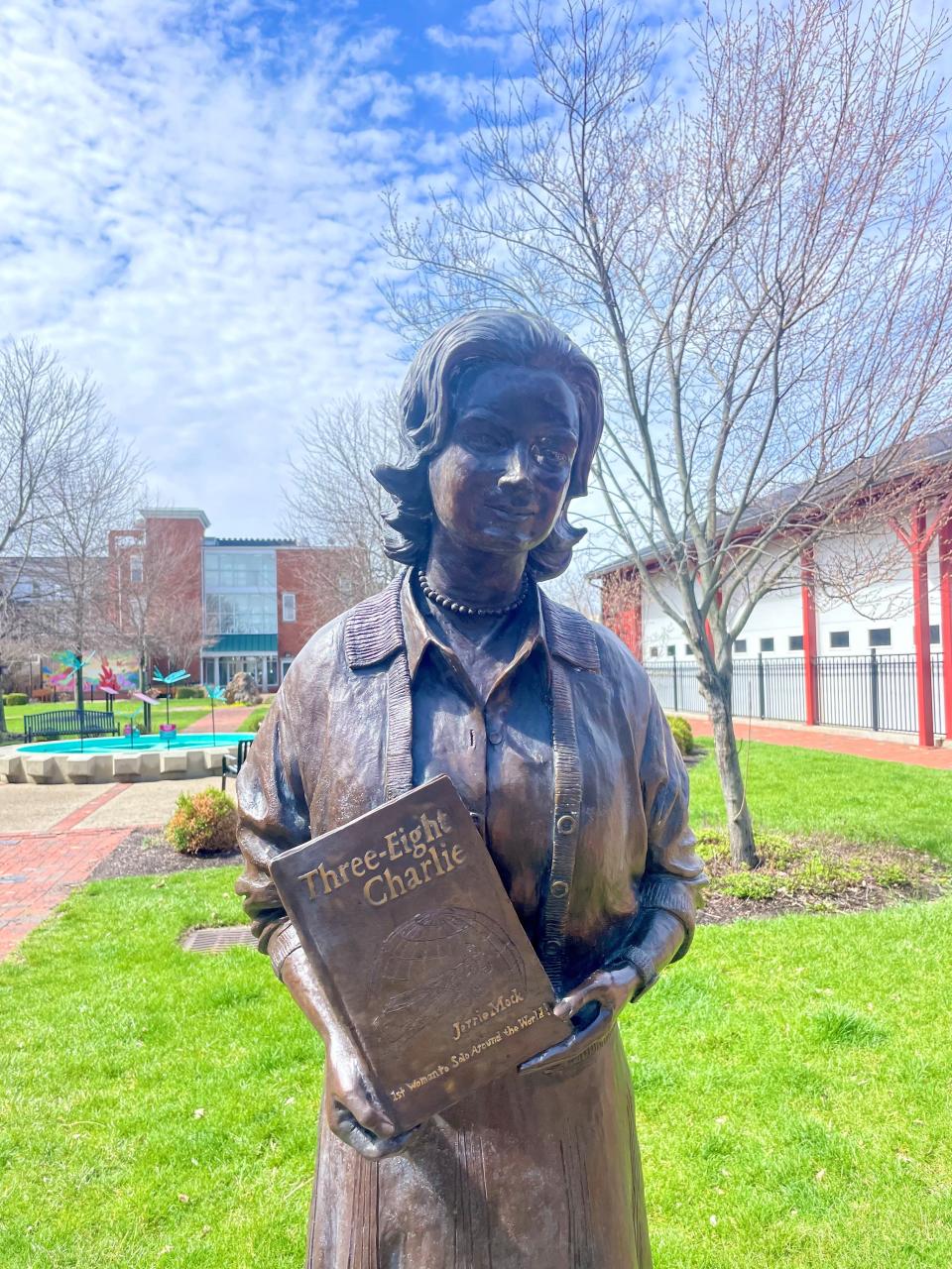 Susan Reid posed as a model for the statue of her sister, Jerrie Mock, which now resides in the courtyard at The Works in Newark.