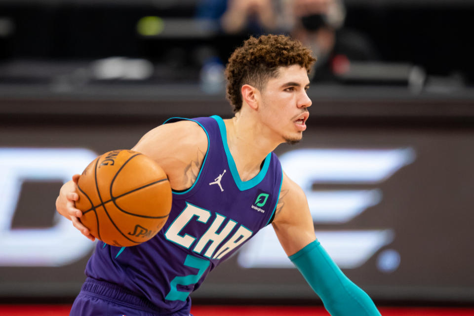 Jan 14, 2021; Tampa, Florida, USA; Charlotte Hornets guard LaMelo Ball (2) brings the ball up the court during the first quarter of a game against the Toronto Raptors at Amalie Arena.