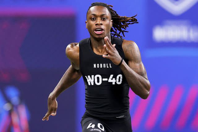 <p>Stacy Revere/Getty</p> Xavier Worthy at the NFL Combine