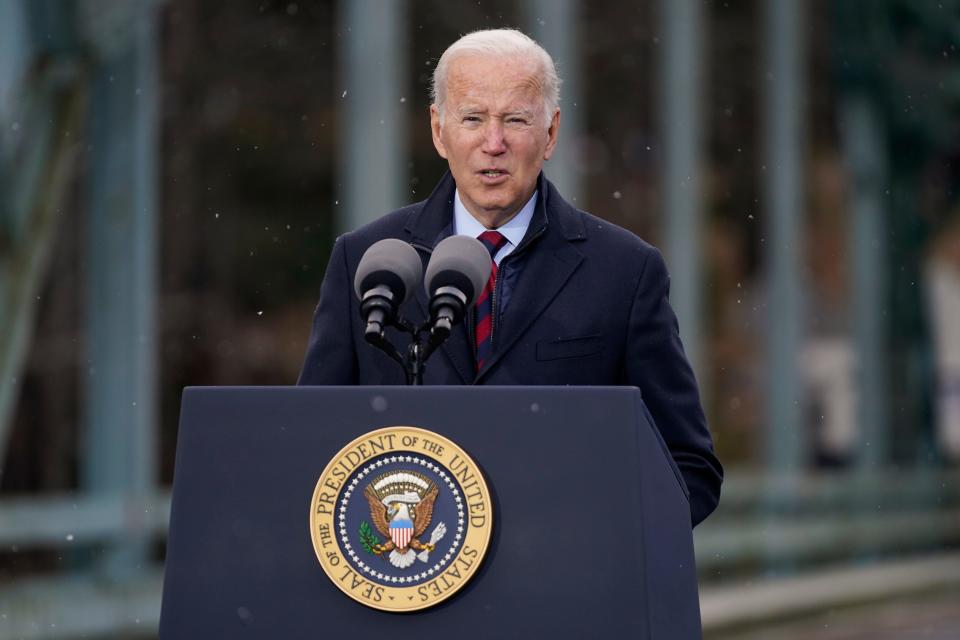 President Joe Biden speaks during a visit to the NH 175 bridge over the Pemigewasset River to promote infrastructure spending Tuesday, Nov. 16, 2021, in Woodstock, N.H. (AP Photo/Evan Vucci) ORG XMIT: NHEV317