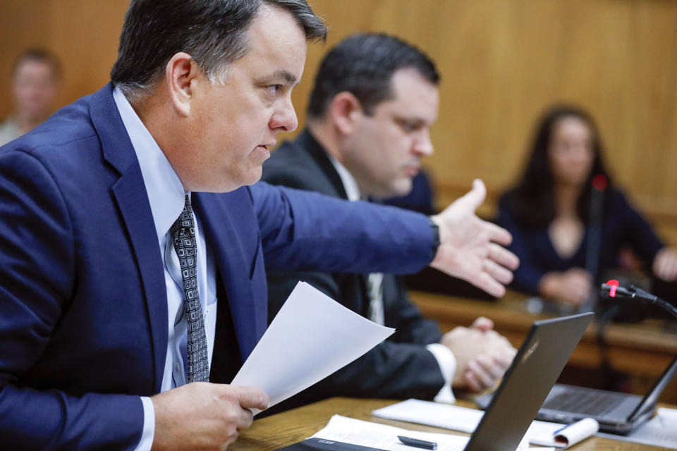 Assistant Iowa attorney general Scott Brown speaks during a hearing for Cristhian Bahena Rivera at the Poweshiek County Courthouse in Montezuma, Iowa, on Thursday, July 15, 2021. Bahena Rivera was convicted of killing University of Iowa student Mollie Tibbetts in 2018. A judge delayed Bahena Rivera's sentencing after defense attorneys asserted authorities withheld information about investigations into a nearby sex trafficking ring the lawyers say could have been involved in the fatal stabbing. (Jim Slosiarek/The Gazette, Pool)