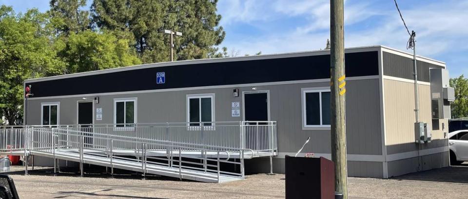 A men’s dorm is part of the first phase of a homeless navigation center that opened in Manteca, California, on April 16, 2024.