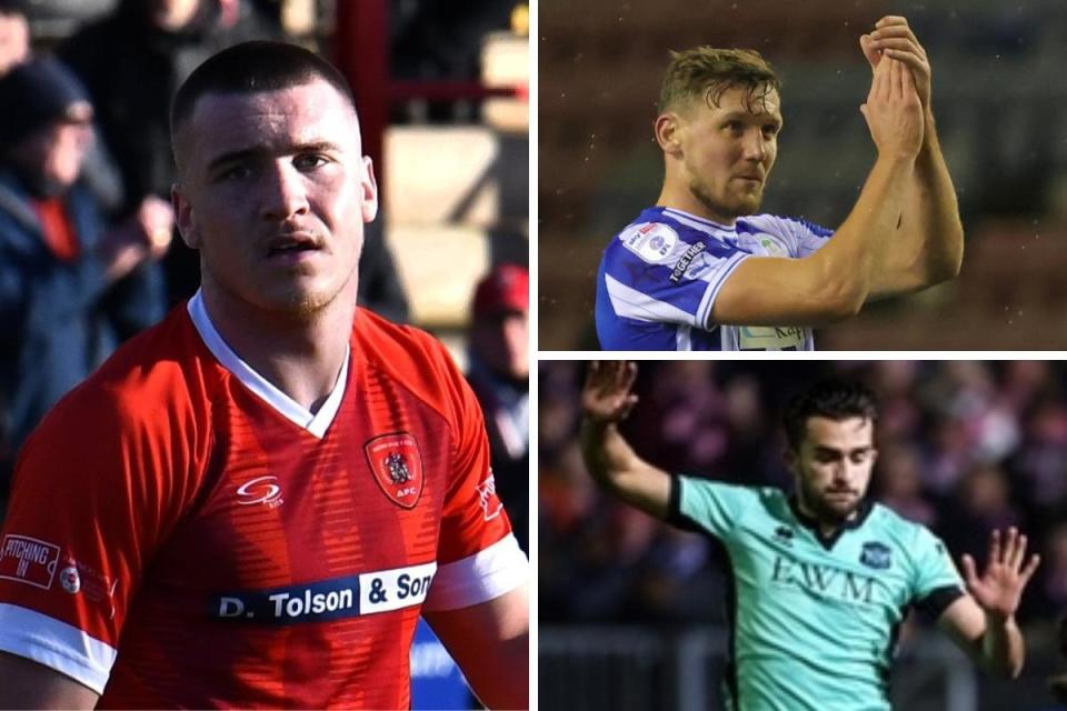United loanee Jake Allan, left, started for Workington against Atherton, while Charlie Wyke, top right, and Jack Bridge, bottom right, were among the ex-Blues on target on Easter Monday <i>(Image: Ben Challis / PA)</i>