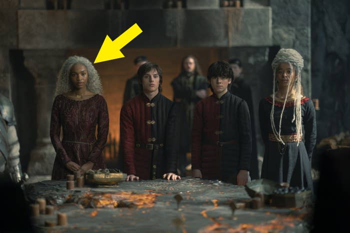 Screenshot from "House of the Dragon" with an arrow pointing to Baela Targaryen