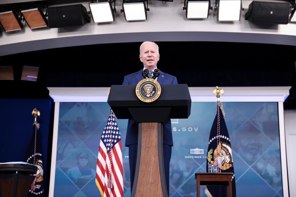 U.S. President Joe Biden delivers remarks ahead of receiving a third dose of the Pfizer/BioNTech COVID-19 vaccine in the South Court Auditorium in the White House on Sept. 27, 2021, in Washington, DC.