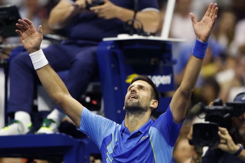Novak Djokovic of Serbia celebrates after defeating Daniil Medvedev of Russia to win the men's final Sunday in Arthur Ashe Stadium at the 2023 U.S. Open Tennis Championships at the USTA Billie Jean King National Tennis Center in Flushing, N.Y. Djokovic won in straight sets, 6-3, 7-6(5), 6-3. Photo by John Angelillo/UPI