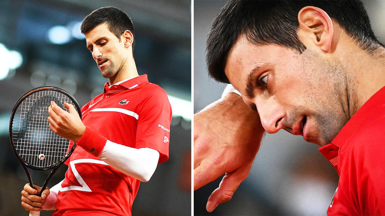 Novak Djokovic (pictured left) looking bemused and (pictured right) tired during the French Open final.