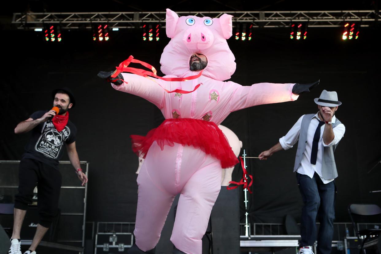 Pigs Gone Wild performs in the Ms. Piggy Idol contest on May 16, 2019, during the Memphis in May World Championship Barbecue Cooking Contest at Tom Lee Park.