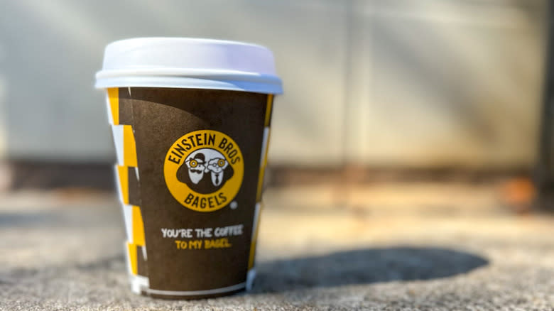 To-go cup of Einstein Bros. Bagels hot chocolate