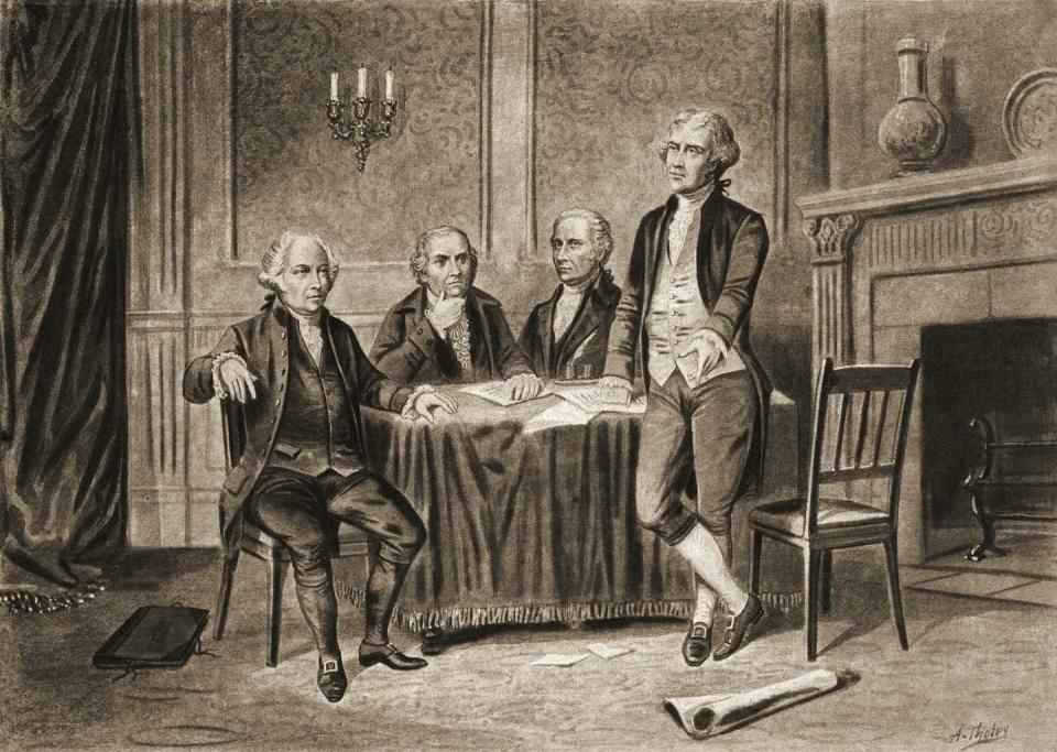 The Founding Fathers didn’t think highly of political parties, with Alexander Hamilton, second from right, saying they were a ‘most fatal disease.’ <a href="https://www.gettyimages.com/detail/news-photo/illustration-of-four-of-the-united-states-foundign-fathers-news-photo/145890547?adppopup=true" rel="nofollow noopener" target="_blank" data-ylk="slk:Stock Montage/Getty Images;elm:context_link;itc:0;sec:content-canvas" class="link ">Stock Montage/Getty Images</a>