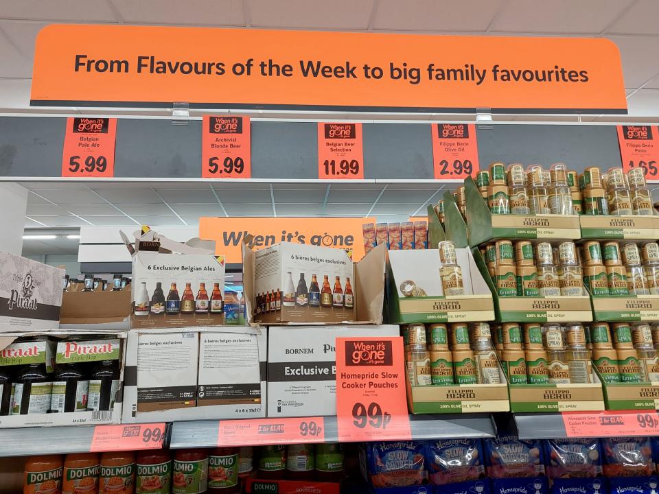 Lidl beer and olive oil on shelf