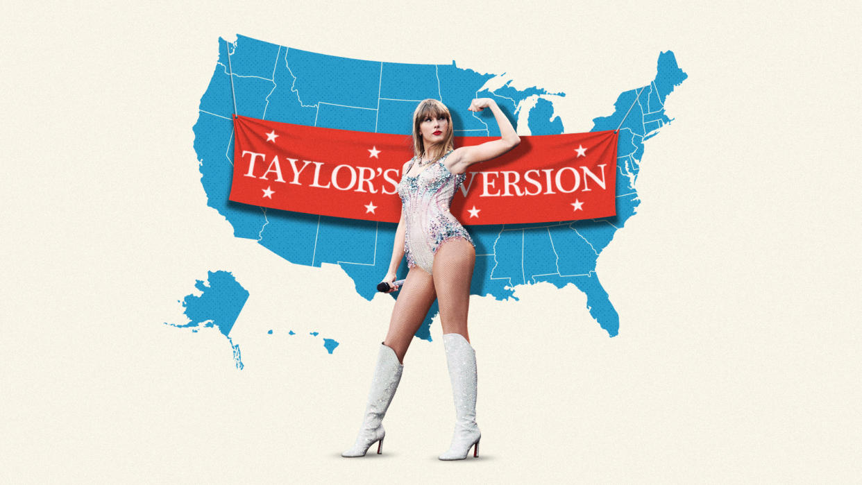  Taylor Swift posing in front of a USA map with a "Taylor's Version" banner. 