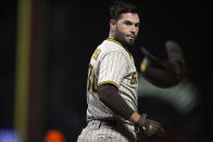 San Diego Padres' Eric Hosmer tosses his batting helmet after striking out to end the top of the sixth inning of the team's baseball game against the San Francisco Giants, Tuesday, Sept. 14, 2021, in San Francisco. (AP Photo/D. Ross Cameron)