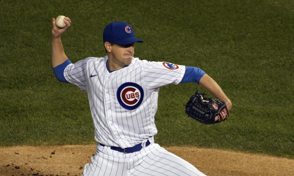 Chicago Cubs starting pitcher Kyle Hendricks delivers against the Minnesota Twins during the first inning of a baseball game, Friday, Sept. 18, 2020, in Chicago. (AP Photo/David Banks)