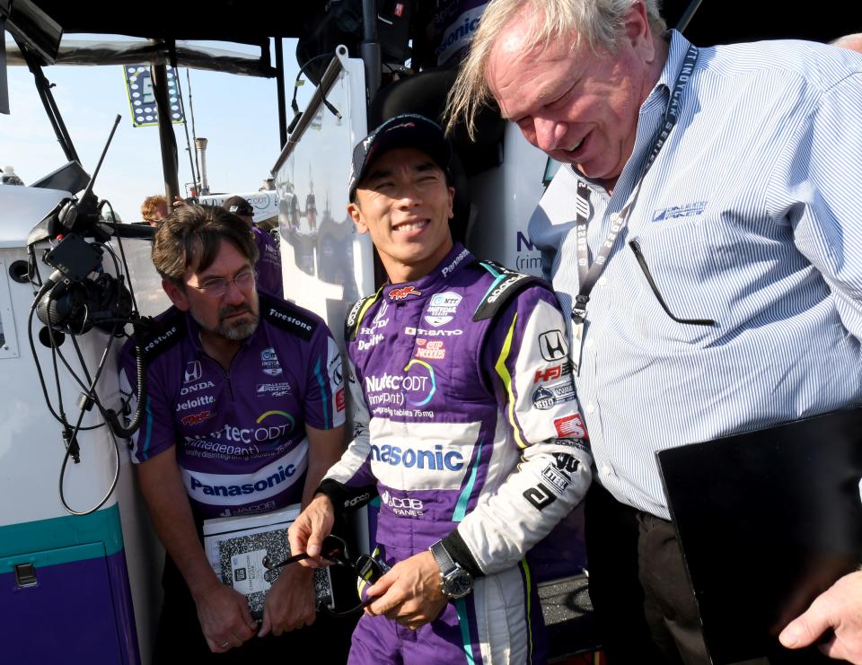 Dale Coyne Racing with Rick Ware Racing driver Takuma Sato (51) laughs with team owner Dale Coyne after a run Friday, May 20, 2022, during Fast Friday practice in preparation for the 106th running of the Indianapolis 500 at Indianapolis Motor Speedway