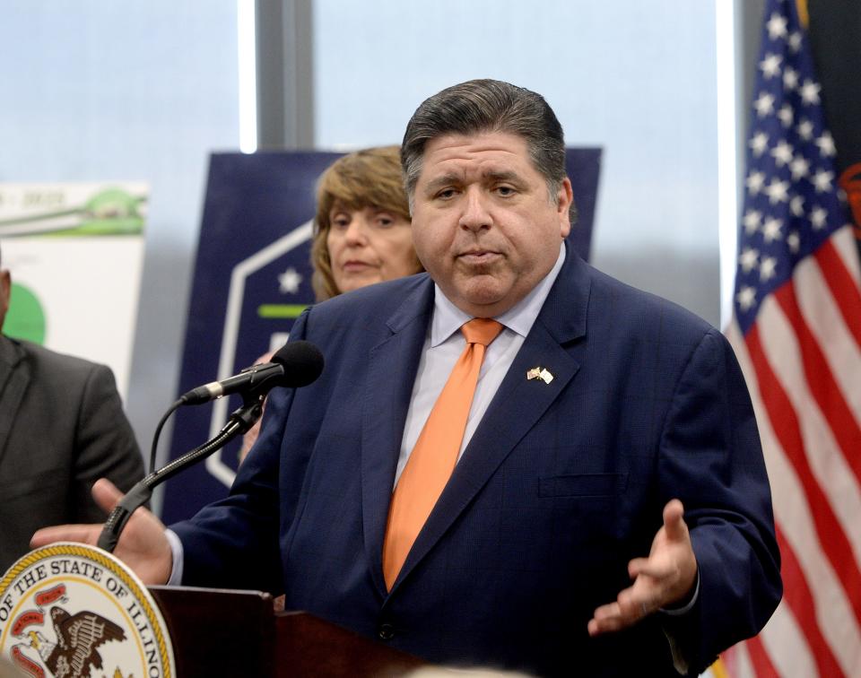 Illinois Gov. JB Pritzker speaks during a press conference at the Horace Mann building in Springfield Wednesday, April 5, 2023.