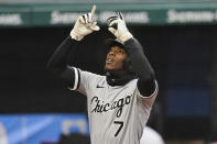 Chicago White Sox's Tim Anderson looks up after hitting a solo home run in the third inning in a baseball game against the Cleveland Indians, Tuesday, April 20, 2021, in Cleveland. (AP Photo/Tony Dejak)