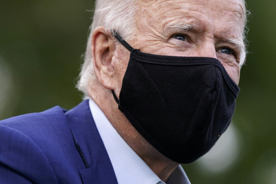 Democratic presidential candidate former Vice President Joe Biden speaks during a campaign event with steelworkers in the backyard of a home in Detroit, Wednesday, Sept. 9, 2020. (AP Photo/Patrick Semansky)