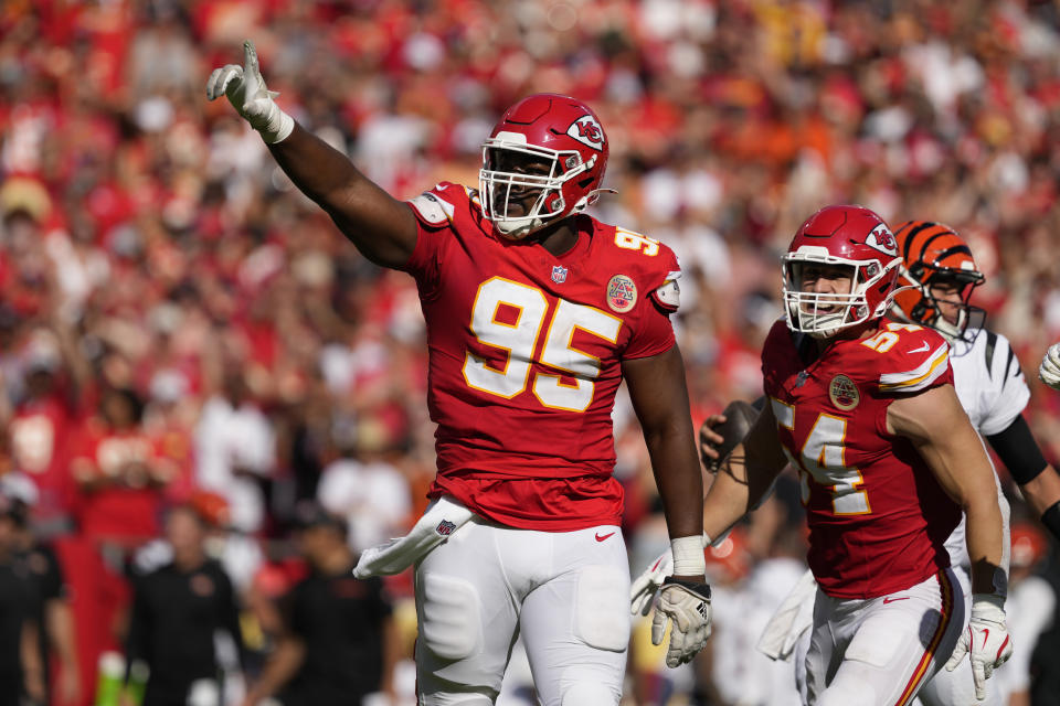 Kansas City Chiefs defensive tackle Chris Jones (95) celebrates after stopping Cincinnati Bengals quarterback Joe Burrow during the first half of an NFL football game Sunday, Sept. 15, 2024, in Kansas City, Mo. (AP Photo/Ed Zurga)