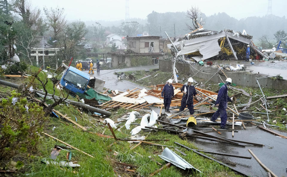 Destroyed houses, cars and power poles, which according to local media were believed to be caused by a tornado, are seen as Typhoon Hagibis approaches the Tokyo area in Ichihara, east of Tokyo, Japan, in this photo taken by Kyodo October 12, 2019.  Mandatory credit Kyodo/via REUTERS ATTENTION EDITORS - THIS IMAGE WAS PROVIDED BY A THIRD PARTY. MANDATORY CREDIT. JAPAN OUT. NO COMMERCIAL OR EDITORIAL SALES IN JAPAN.