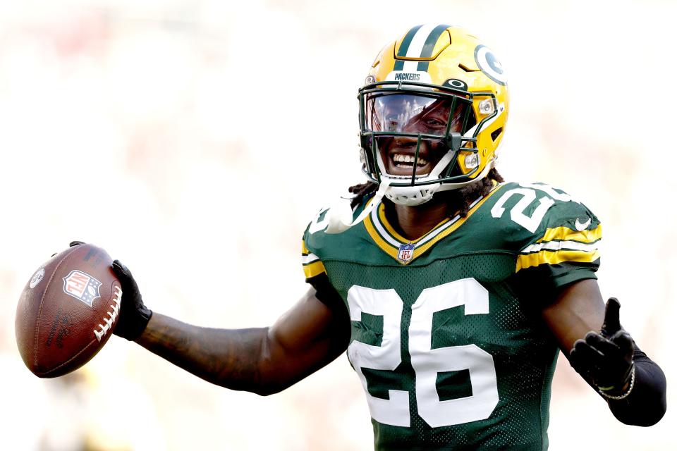 Darnell Savage celebrates after recovering a fumble for the Packers against the Buccaneers.