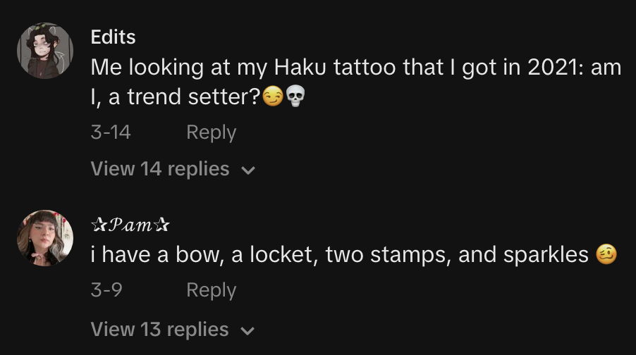 Screenshot of social media comments sharing images of personal tattoos with emoji reactions