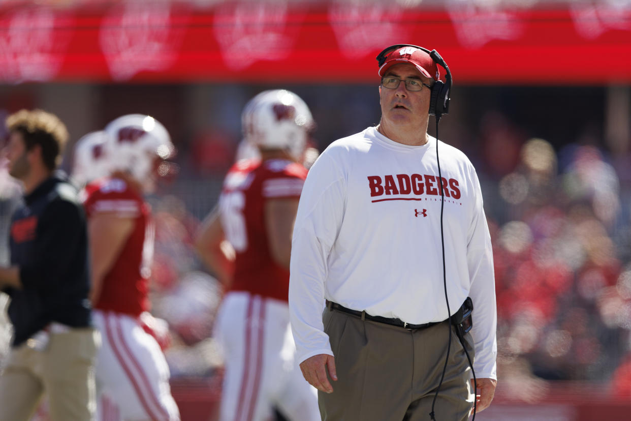 Oct 1, 2022; Madison, Wisconsin, USA;  Wisconsin Badgers head coach Paul Chryst looks on during the third quarter against the Illinois Fighting Illini at Camp Randall Stadium. Mandatory Credit: Jeff Hanisch-USA TODAY Sports